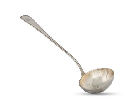 AN ANTIQUE HEAVY DANISH SILVER (.830) BOW HANDLED SOUP LADLE, with Continuous beaded decoration, Copenhagen 1919. F.Daul, ca 