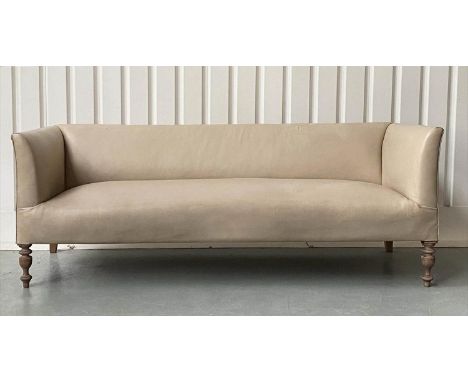 SOFA, beige leather and studded linen hessian with turned front supports and outswept arms, 200cm W x 77cm D x 73cm H. 