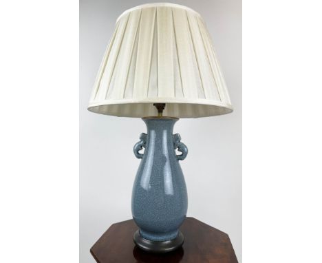 CHINESE HU FORM VASE LAMP, blue monochrome craquelure finish with silk shade. 60cm H 