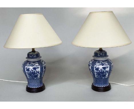 TABLE LAMPS, a pair, Chinese blue and white ceramic vase form with shades, 46cm H. (2) 