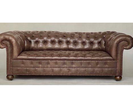 CHESTERFIELD SOFA, 19th century style studded grey brown hide leather with all over deep buttoning, rounded back and arms and