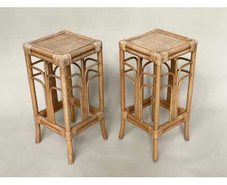 BAMBOO LAMP TABLES, a pair, 1970s bamboo framed wicker panelled and cane bound, 30cm x 30cm x 70cm. (2) 