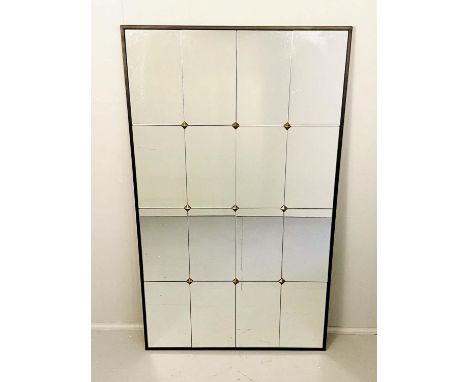 ARCHITECTURAL WALL MIRROR, segmented plate in black frame, gilt stud detail, 120cm x 70cm. 