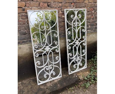 ARCHITECTURAL WALL MIRRORS, a pair, 128cm H x 48cm W, Italian style, aged white painted metal frames, overlaid glazing bars. 