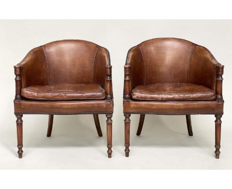 LIBRARY/DESK ARMCHAIRS, a pair, George III design mahogany and brass studded tan leather upholstered, each with bow back and 