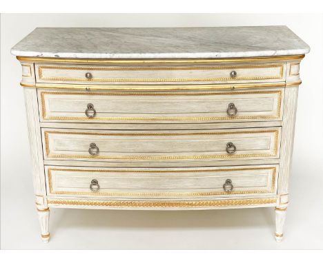 COMMODE, French Louis XVI style grey painted and parcel gilt with four long drawers and slide and fluted supports, 110cm W x 