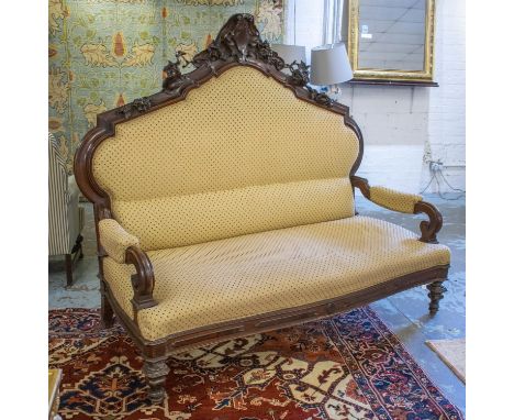 SOFA, 187cm H x 60cm W, 19th century Italian walnut, circa 1870 with high carved back in dot patterned fabric. 