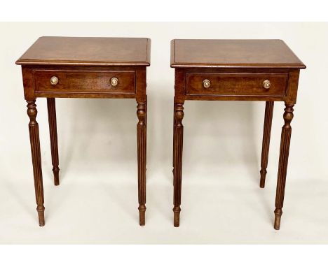 LAMP TABLES, a pair, Regency style burr walnut and crossbanded each with drawer and reeded tapering supports, 52cm W x 45cm D