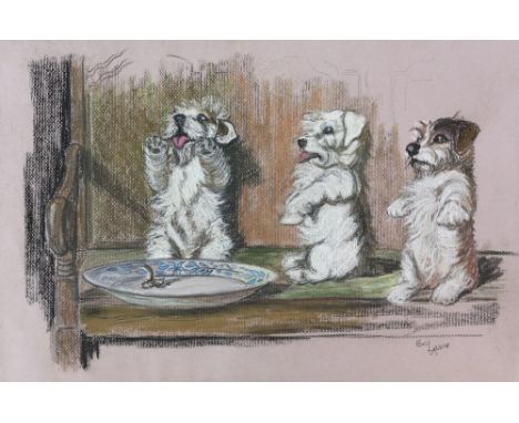 Cecil Aldin (British, 1870-1935), pastel sketch of three puppies on a bench rearing up on hind legs expectantly, signed, 31cm