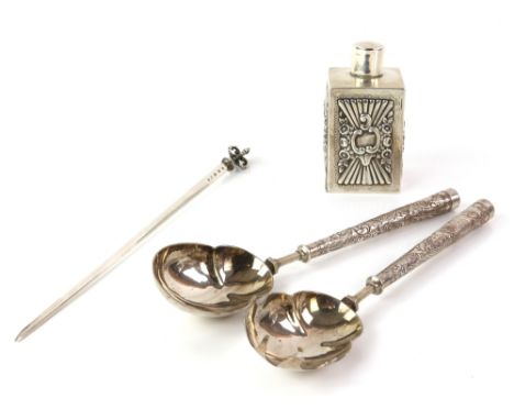 Victorian pair of silver salad servers, with lobed bowls and chased filled handles, with a silver tea caddy, all by Mappin &a