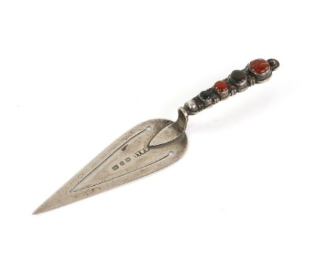 Victorian silver trowel form book mark set with four cabochon stones of different colours, Birmingham 1898, 9 cm long        
