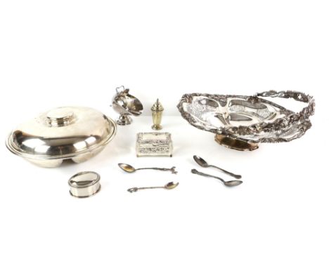 Silver plated swing-handled fruit basket with engraved and moulded decoration on shaped foot, two trinket boxes, coal scuttle