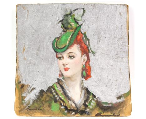 William Henry Barribal, British 1874-1952, portrait of a young woman with red hair in a green hat, signed, gouache on a silve