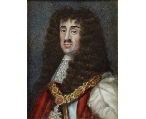 Early 20th century portrait of Charles I or II, in robes with chain of state, oil on panel, 10cm x 7.5cm,         