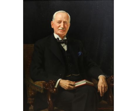 Lindsay Williams (British), 'Portrait of Sir William Seager', oil on canvas, bearing label for 'James Bourlet &amp; Sons' ver