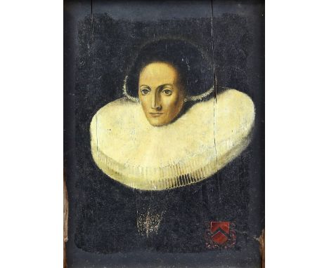 Late 19th/20th century, portrait of an Elizabethan lady, oil on panel, 37cm x 28cm,         Board with two large cracks and p