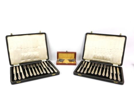Selection of silver-plated items to include two cased sets of fruit knives and forks, a swing-handled bowl with cover, a WMF 