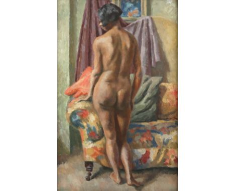 Early to mid 20th century oil on canvas, a nude standing by a sofa, bearing label for 'Mayor Gallery Limited, 14 South Molton