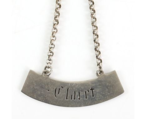 Victorian silver decanter label for 'CLARET', by Gilbert and Spurrier, Birmingham 1886, 5.5 cm wide, 12 gr.         