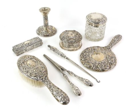 Modern silver-mounted dressing table set, by W I Broadway &amp; Co, Birmingham 1974/5, comprising hairbrush, hand mirror, dwa