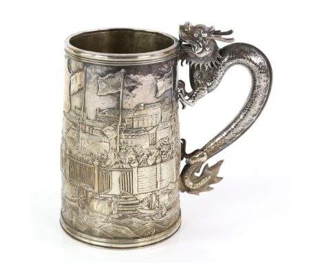 AMENDED DATE 19th century Chinese Export silver presentation mug, maker's mark KHC for Khe Cheong, Canton, the body richly ch