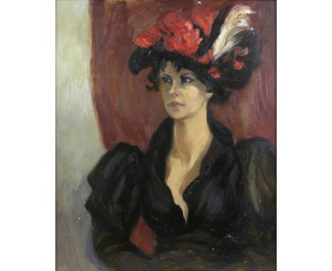 James Holland, British 1905-1996, 'Sally', portrait of a woman in a black dress and hat, unsigned, oil on board, 59.5cm x 49c