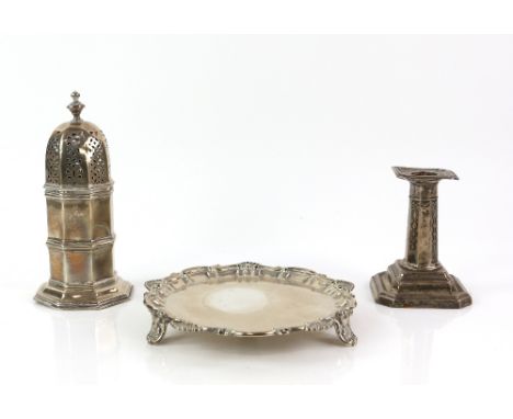 Victorian octagonal silver sugar caster , Chester 1897, 16 cm high, a Victorian silver waiter, London 1893,15.5 cm diam., a d