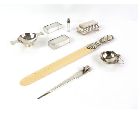 Selection of silver and silver-mounted items, to include a modern silver letter opener mounted with a pig finial, 19 cm long,