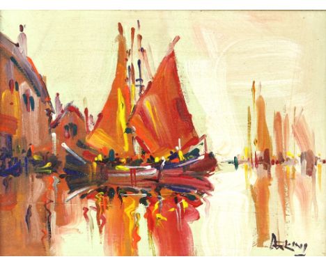 George R Deakins, British 1911-1982, moored boats, signed, oil on board, 24cm x 32.5cm, artist's label verso,        
