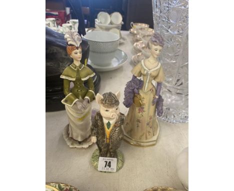 Two Royal Worcester lady figures and a Beswick Pig