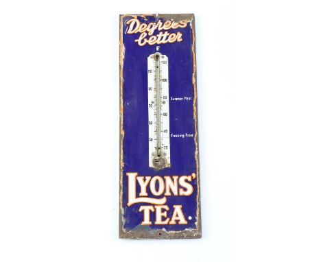 A Lyons' Tea 'Degrees Better' enamel advertising wall thermometer backplate, 57cm x 19cm (lacking thermometer), together with