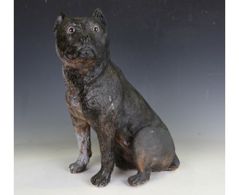 A 20th century painted plaster figure of a seated Staffordshire bull terrier, height 53cm (some faults), together with a 20th