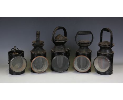A group of railway hand lamps, including two British Railways standard pattern lamps, a S.E &amp; C.R lamp by J. DeFries &amp