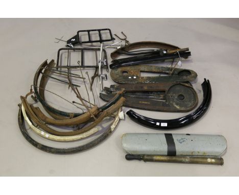 A collection of vintage bicycle parts, including mudguards, chain guards, rear hubs and related items.Buyer’s Premium 29.4% (