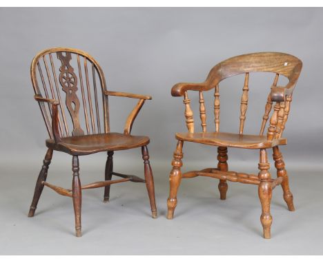 A 19th century ash and elm stick back Windsor armchair, height 88cm, width 60cm, together with another Victorian Windsor armc