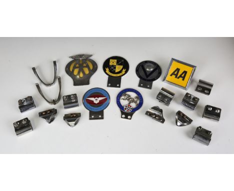 A group of six car badges, comprising Sussex Car Club, Hillman Owners Club, The Vintage Sports Car Club, Hong Kong Motor Spor