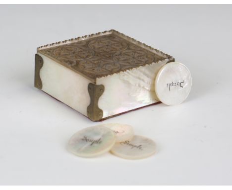 A 19th century French mother-of-pearl gaming counter box, the pierced lid containing counters inscribed 'Triple', 'Souple', '