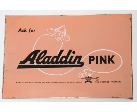 An Aladdin Pink paraffin double-sided enamel advertising sign, 30cm x 46cm, together with a Veritas sign and two other lamp o