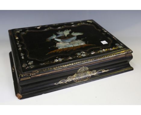 A mid-Victorian papier-mâché and mother-of-pearl inlaid writing slope, width 36cm (faults), together with a 19th century rose