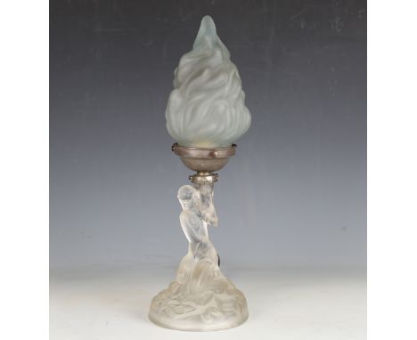 An early 20th century Continental figural frosted glass table lamp, the base moulded with a nude young girl on a rocky outcro