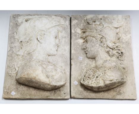 A pair of 20th century cast composition stone portrait plaques, each relief cast with opposing classical busts, 47cm x 33cm.B