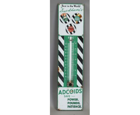 A Duckhams Adcoids enamel advertising wall thermometer backplate, 115cm x 28cm (lacking thermometer).Buyer’s Premium 29.4% (i
