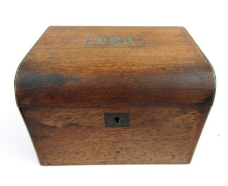 A mid 19th century rosewood and brass strung tea caddy with brass inlaid 'TEA' lozenge to top and single tea compartment, h. 