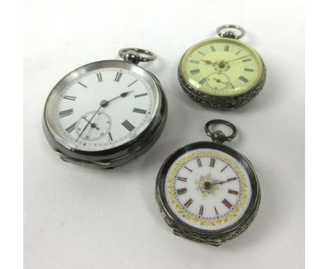 A silver cased open face pocket watch, the white enamel dial with black Roman numerals and second hand section within an engi