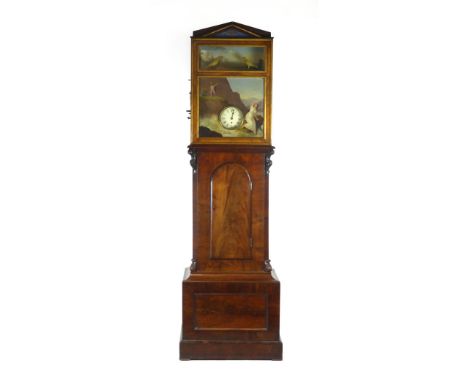 A rare early 19th century Black Forest automata and organ longcase clock, the walnut and parcel gilt hood surmounted by a roy