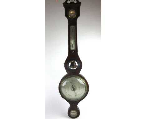 An 18th century mahogany and boxwood line inlaid banjo barometer, the swan neck pediment over a dry/ damp dial, thermometer, 