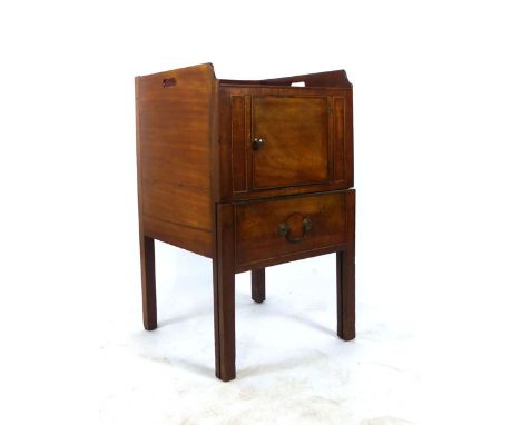 A George III mahogany pot cupboard/commode, the galleried top over single cupboard door above commode drawer. h. 81 cm, w. 48