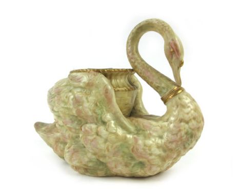 A Royal Worcester blush ivory planter modelled as a swan, numbered 532, p.d.c.m. 1902, h. 21 cm   CONDITION REPORT:  Chip to 