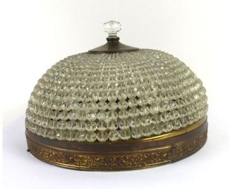 A 19th century French brass and glass chandelier with three lights surrounding glass light shade with Grecian key design, 113
