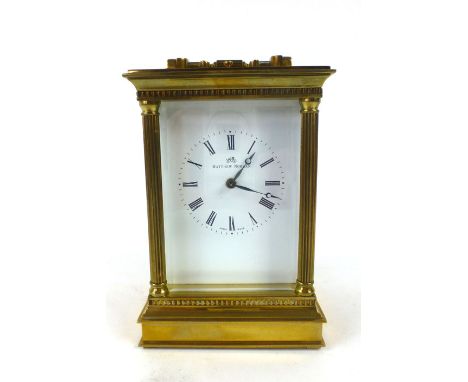 A brass cased five glass carriage clock/repeater striking on a gong with a Swiss movement, the enamelled face with Roam numer